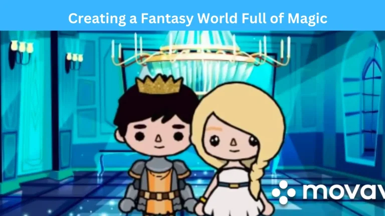 A fairy tale story in Toca Boca World showing a magical castle, enchanted forest, and cute characters exploring a fantasy adventure