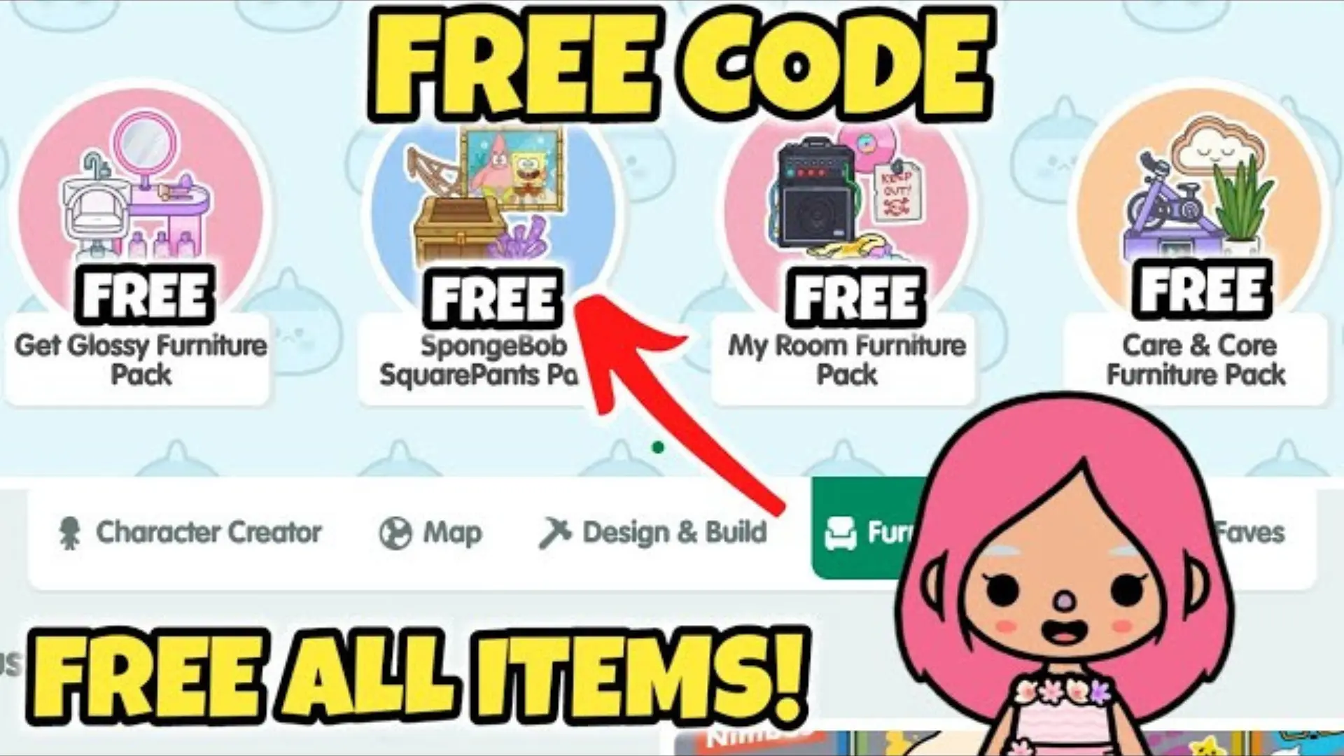 Toca Boca Free Codes: Unlock Hidden Surprises 2 Toca Boca codes showing free furniture packs, SpongeBob SquarePants pack, and other unlockable items with a cartoon character pointing at the offers.